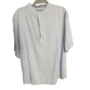COOFANDY Men's Linen Blend Mandarin Collar Henley Shirt Blue Size L Summer